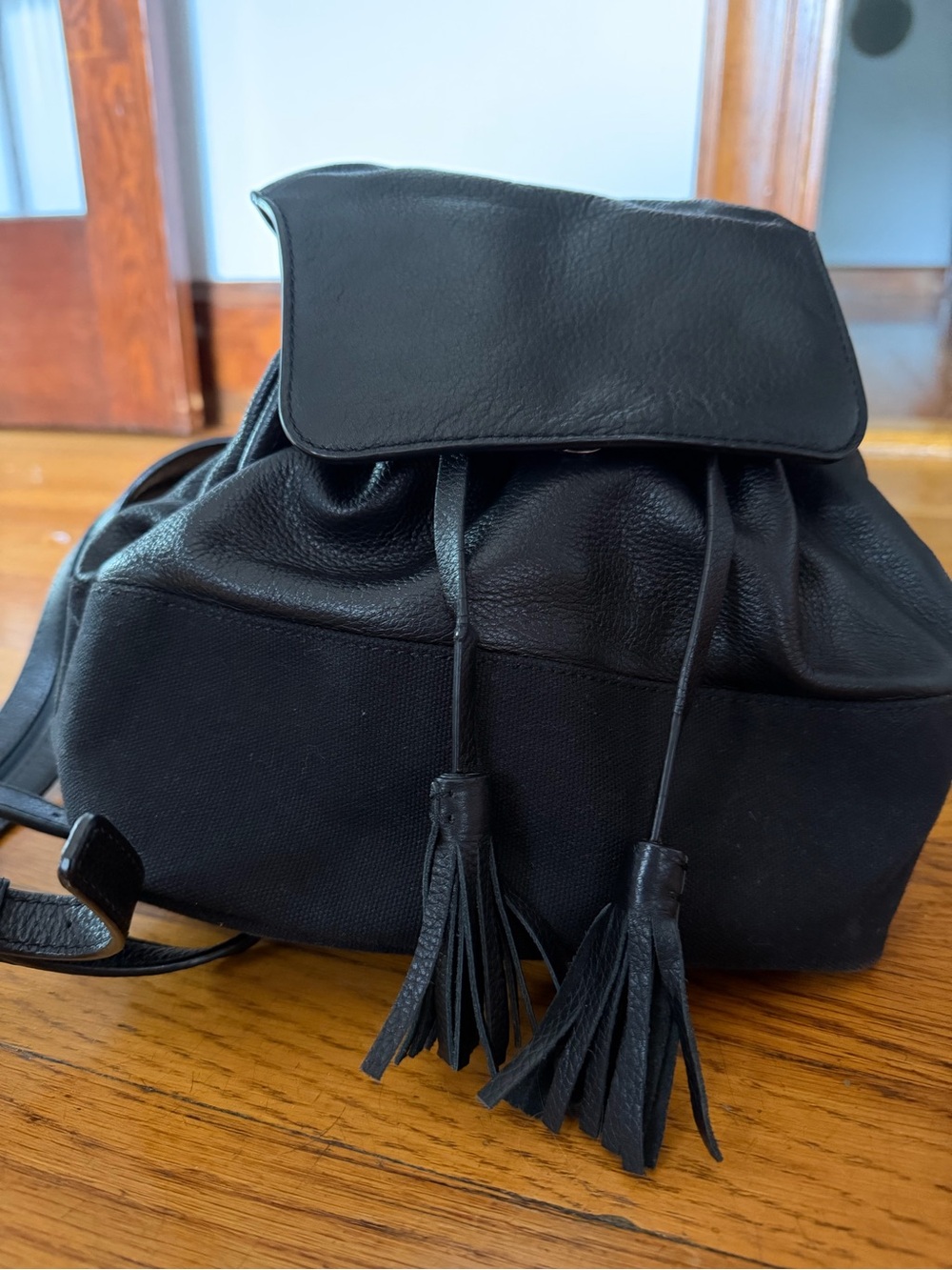 Mini Rebecca Minkoff Black Leather-Trim Drawstring Backpack with Tassels
